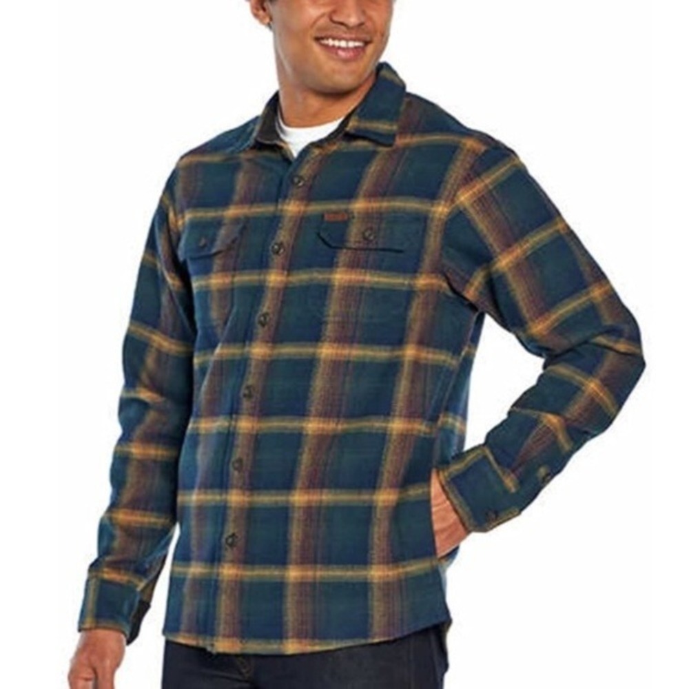 Men's Blue Yellow Plaid Flannel Long Sleeve Button Up Shirt Casual Outdoor - Picture 1 of 16